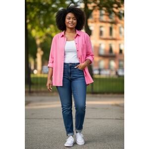 Athleta Retreat Linen button down shirt in bright pink 2XL